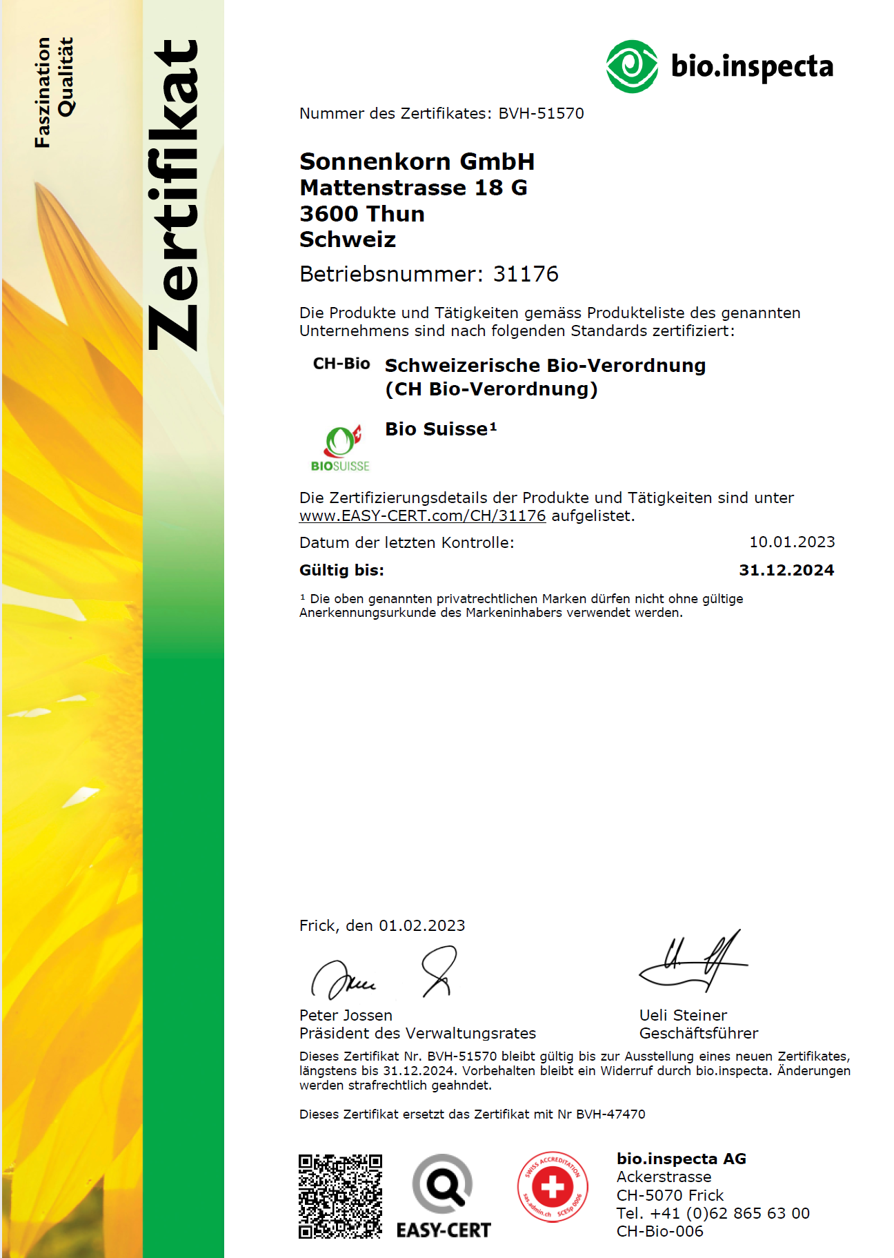 bio.inspecta Zertifikat 2015